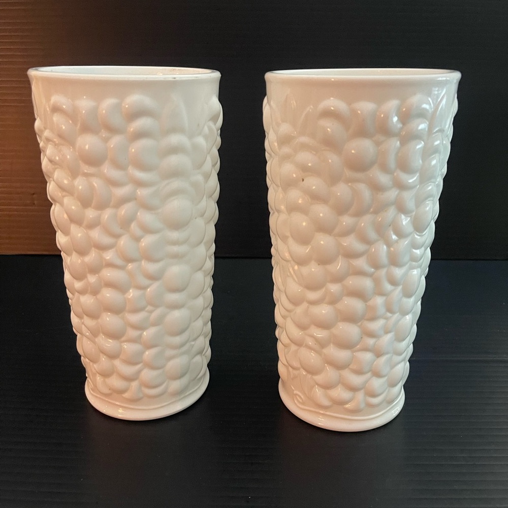 2 Vtg Heavy White Milk Glass Vases Textured Fruit Grape Indiana Glass Co T82